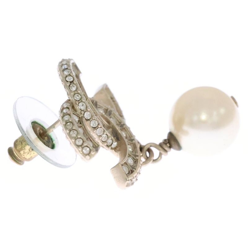 Chanel Pearl Logo Line Stone CC Earrings White Gold