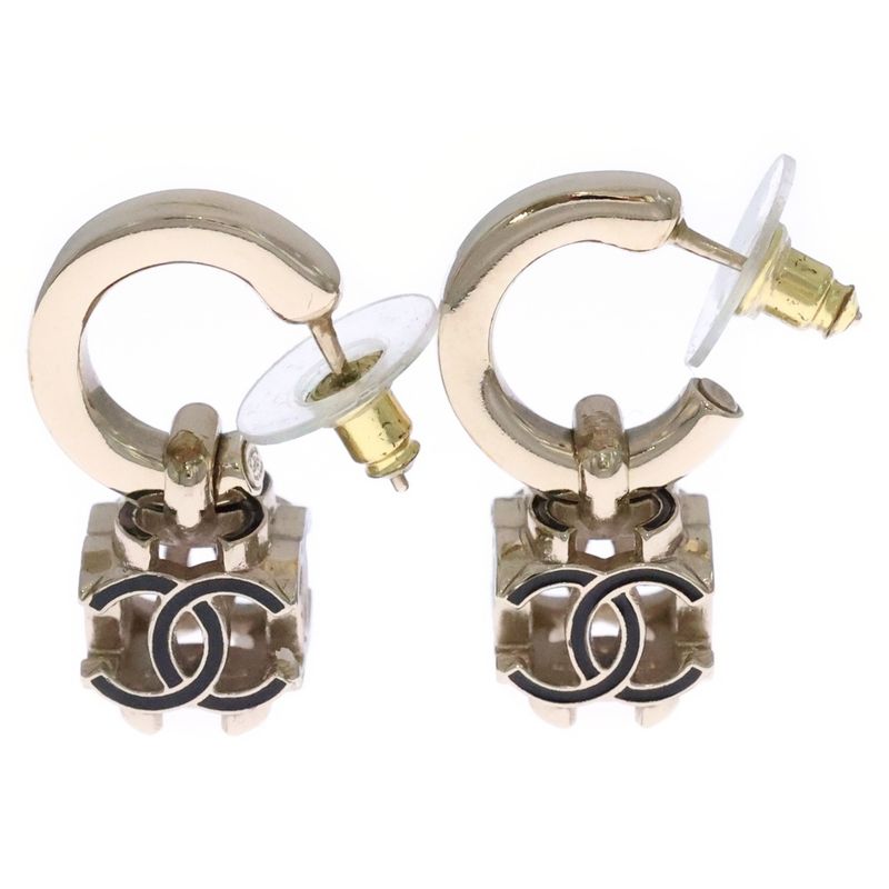 Chanel CC Logo Hoop Earrings Gold Black