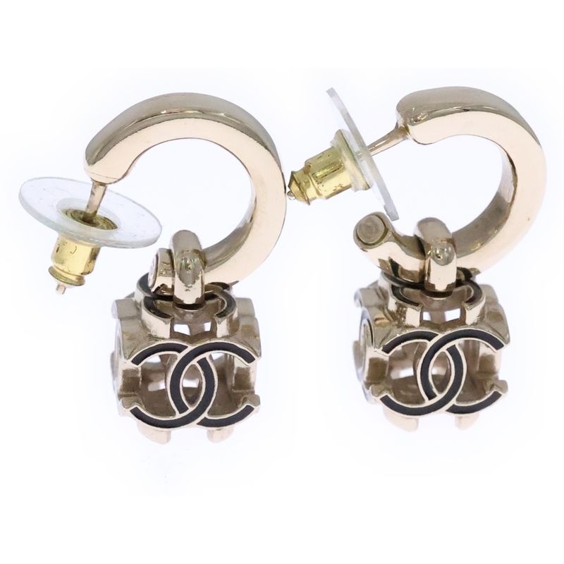 Chanel CC Logo Hoop Earrings Gold Black