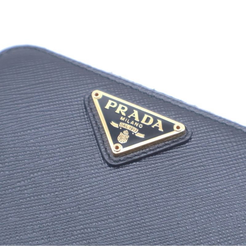 Prada Triangle Logo Coin Case Mini Wallet Black Saffiano Leather Gold