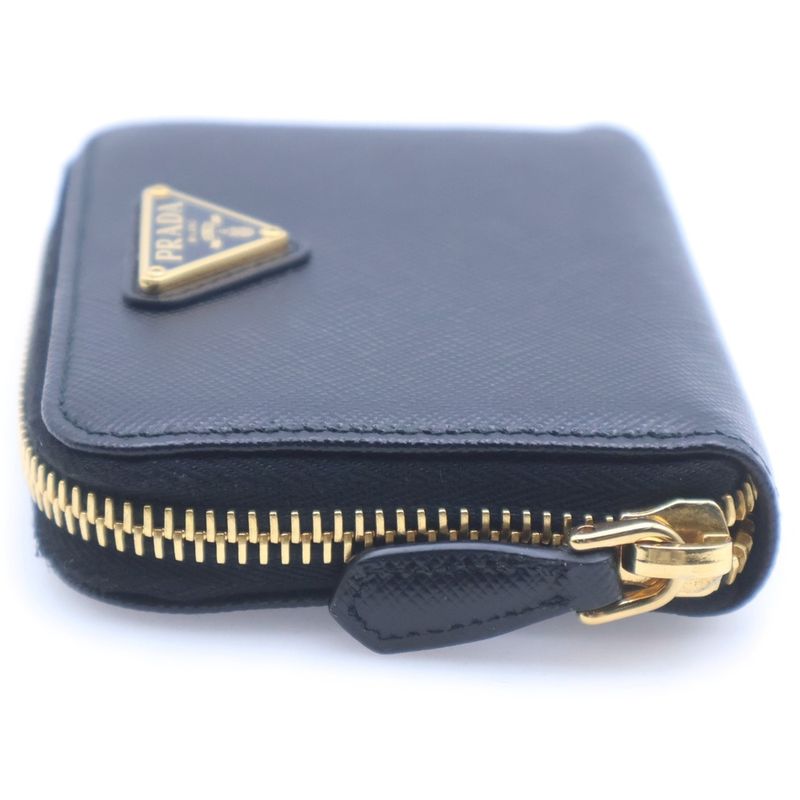 Prada Triangle Logo Coin Case Mini Wallet Black Saffiano Leather Gold