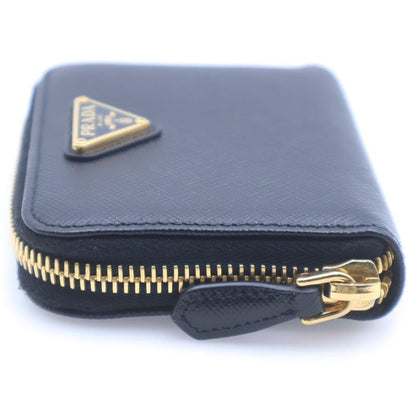 Prada Triangle Logo Coin Case Mini Wallet Black Saffiano Leather Gold