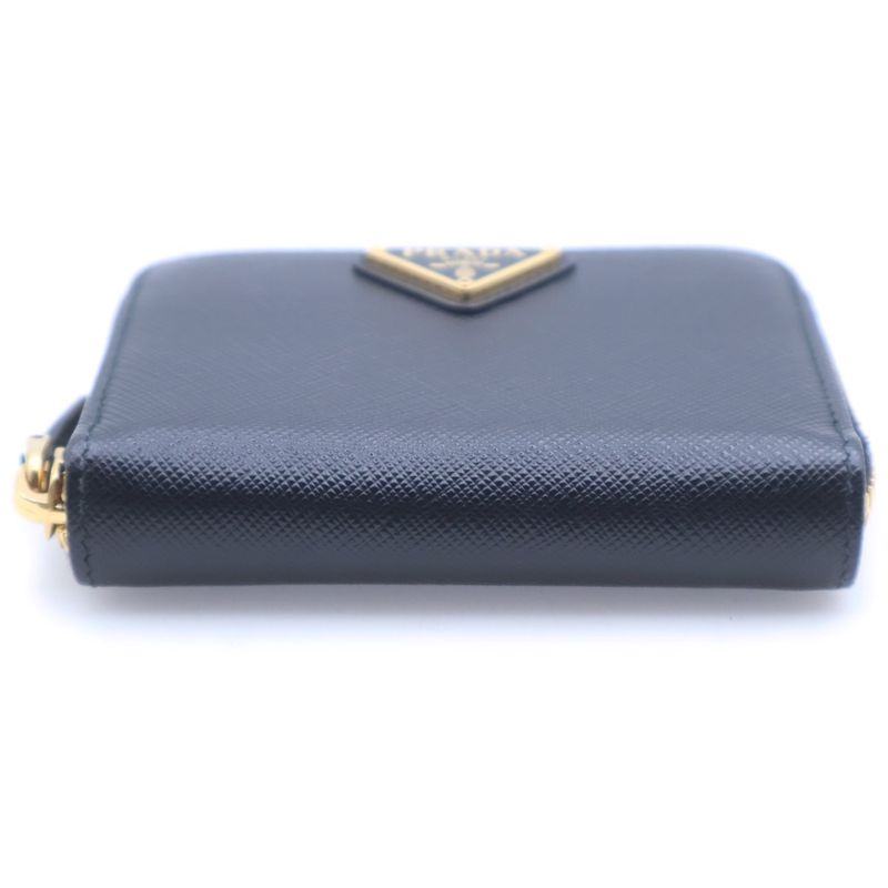 Prada Triangle Logo Coin Case Mini Wallet Black Saffiano Leather Gold