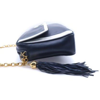 Chanel CC Logo Fringe Chain Shoulder Bag White Navy Leather Gold