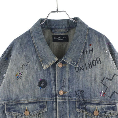 Balenciaga Distressed Graffiti Decoration Denim Jacket Sequin Indigo