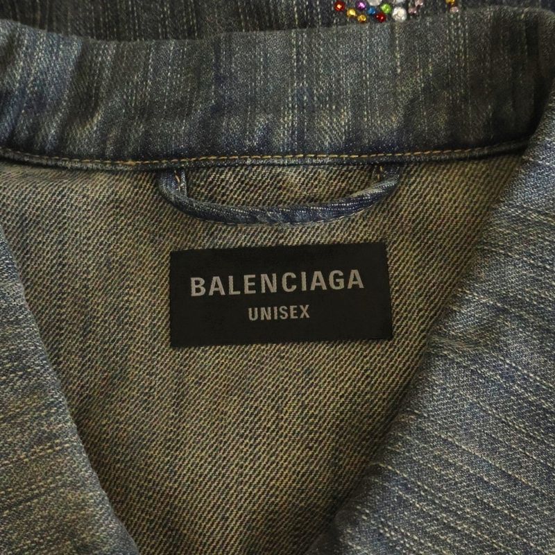 Balenciaga Distressed Graffiti Decoration Denim Jacket Sequin Indigo