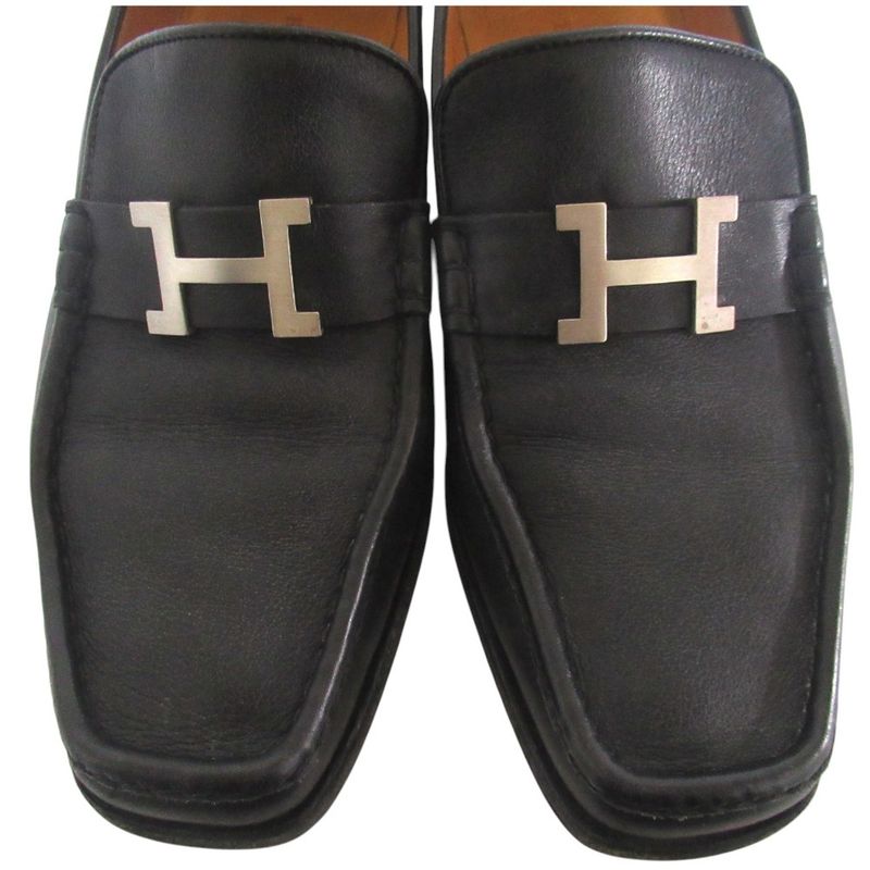 Hermes Constance Hlogo Buckle Leather Loafers Shoes 39 Black Silver