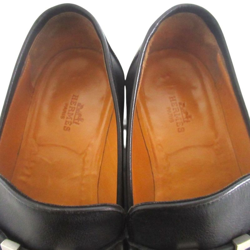 Hermes Constance Hlogo Buckle Leather Loafers Shoes 39 Black Silver