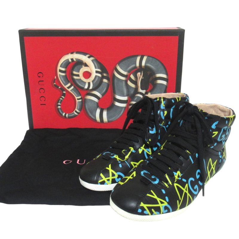 Gucci Ghost Print Leather High Cut Sneakers Shoes 35.5 Black