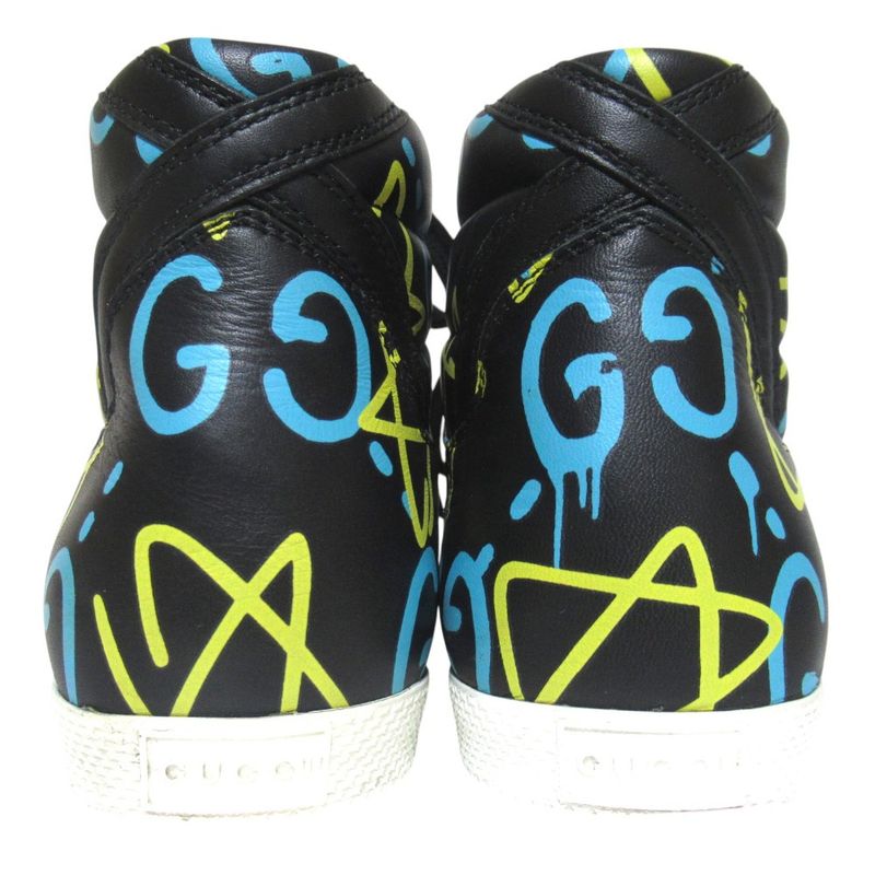 Gucci Ghost Print Leather High Cut Sneakers Shoes 35.5 Black