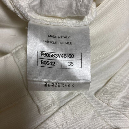Chanel CC Logo Button Slim Stretch Denim Pants 36 White Suede