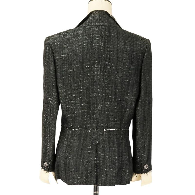 Chanel CC Logo Button Silk Tweed Jacket 42 Black
