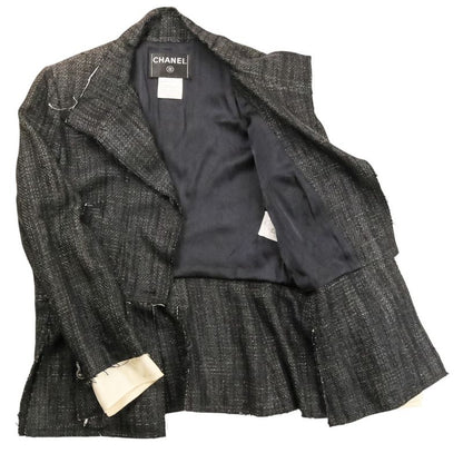 Chanel CC Logo Button Silk Tweed Jacket 42 Black