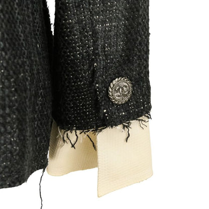 Chanel CC Logo Button Silk Tweed Jacket 42 Black