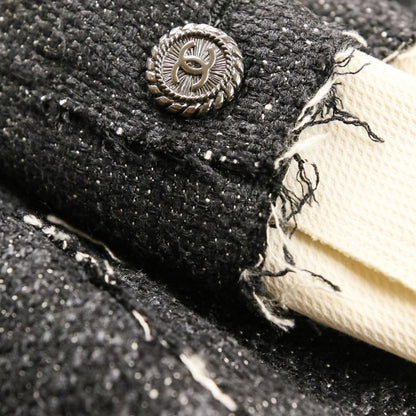 Chanel CC Logo Button Silk Tweed Jacket 42 Black