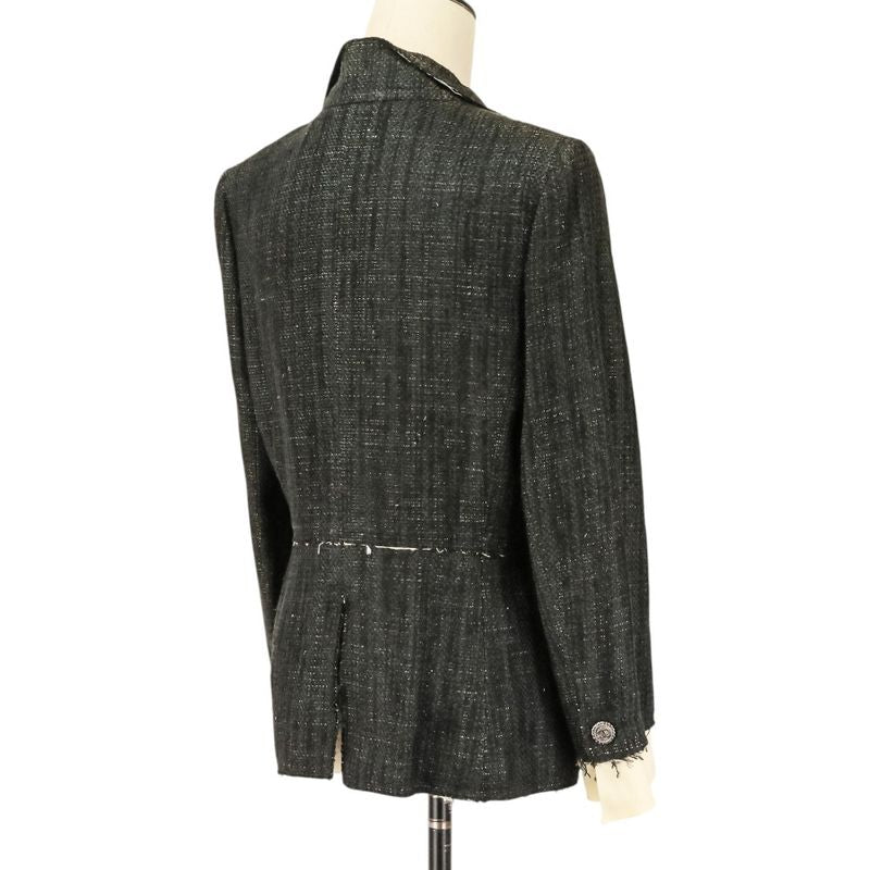 Chanel CC Logo Button Silk Tweed Jacket 42 Black