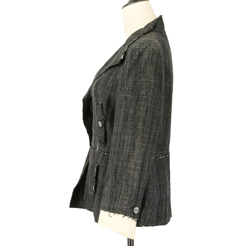 Chanel CC Logo Button Silk Tweed Jacket 42 Black