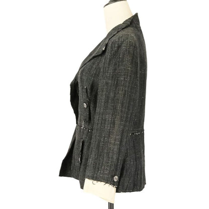 Chanel CC Logo Button Silk Tweed Jacket 42 Black