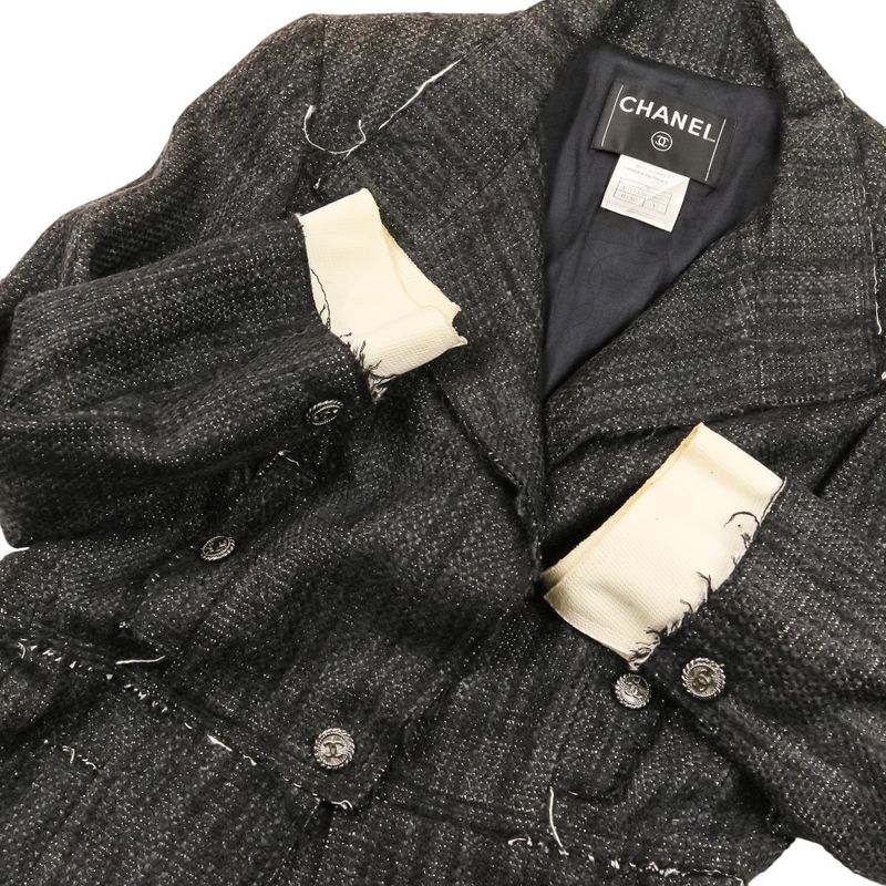 Chanel CC Logo Button Silk Tweed Jacket 42 Black