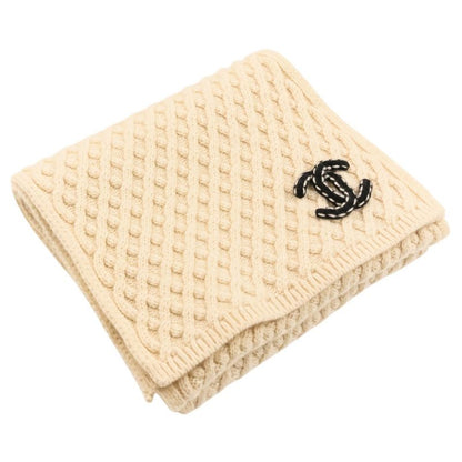 Chanel CC Logo Cashmere Mushroom Blue Knit Scarf Beige Sweater