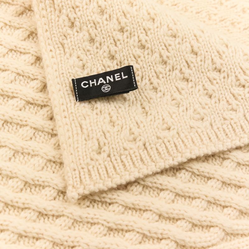 Chanel CC Logo Cashmere Mushroom Blue Knit Scarf Beige Sweater