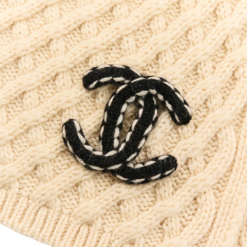 Chanel CC Logo Cashmere Mushroom Blue Knit Scarf Beige Sweater