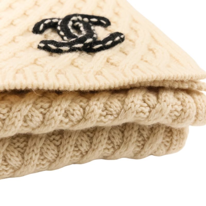 Chanel CC Logo Cashmere Mushroom Blue Knit Scarf Beige Sweater