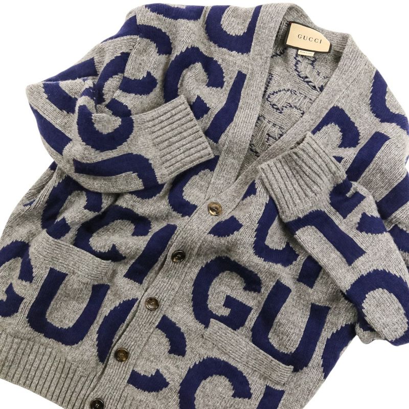 Gucci Logo Intarsia V-neck Knit Cardigan M Gray