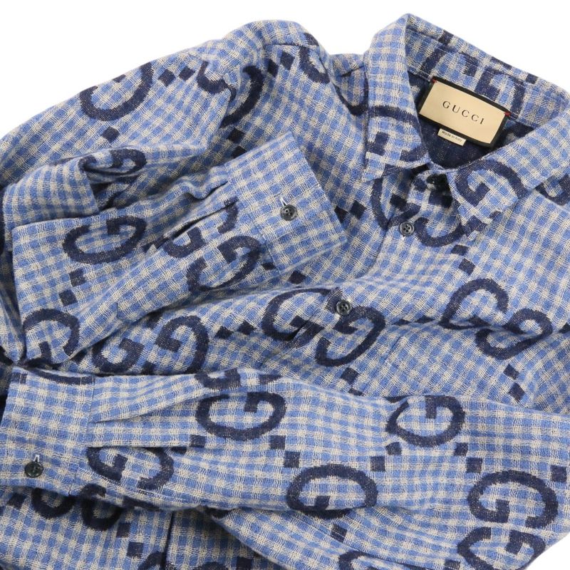 Gucci Jumbo GG Wool Check Shirt 48 Blue