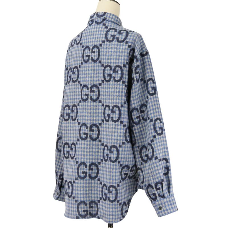 Gucci Jumbo GG Wool Check Shirt 48 Blue