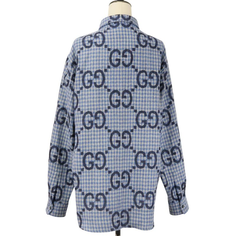 Gucci Jumbo GG Wool Check Shirt 48 Blue