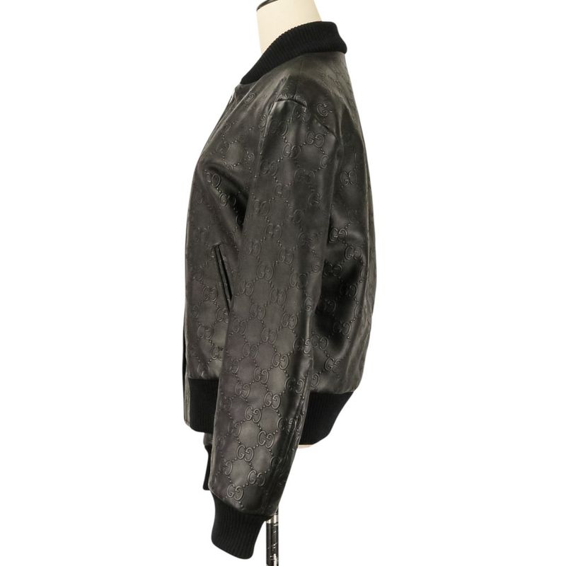 Gucci Michele Era GG Embossed Leather Bomber Jacket 44 Black