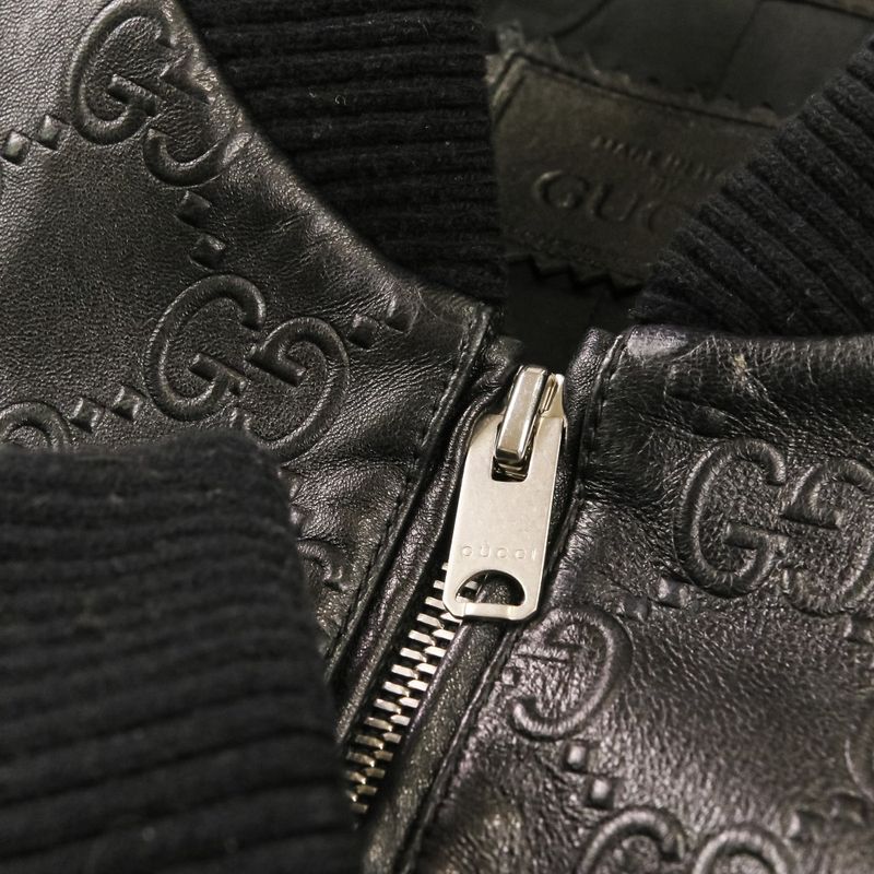 Gucci Michele Era GG Embossed Leather Bomber Jacket 44 Black