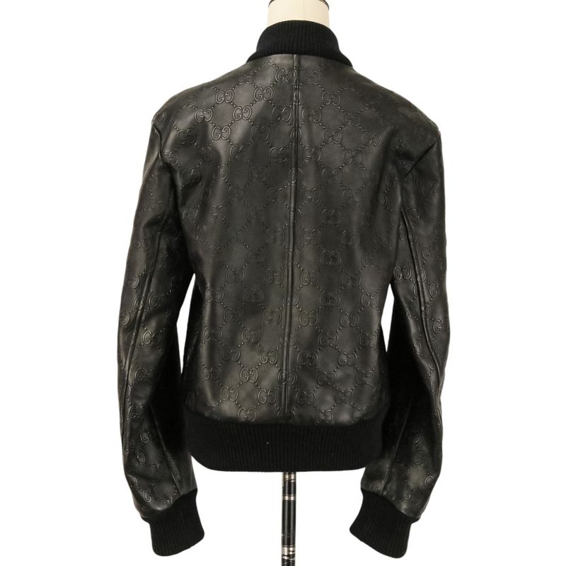 Gucci Michele Era GG Embossed Leather Bomber Jacket 44 Black
