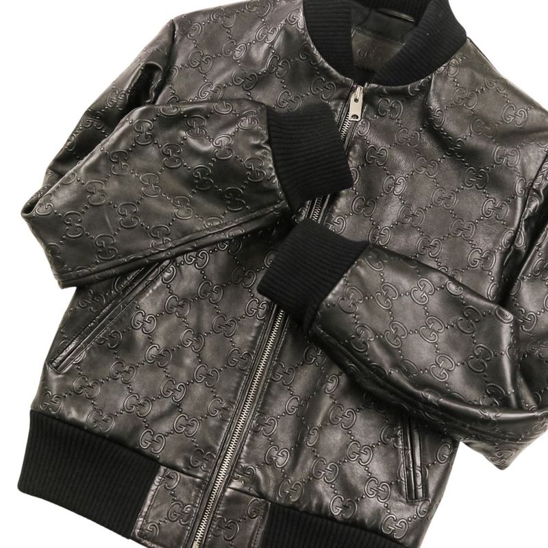 Gucci Michele Era GG Embossed Leather Bomber Jacket 44 Black