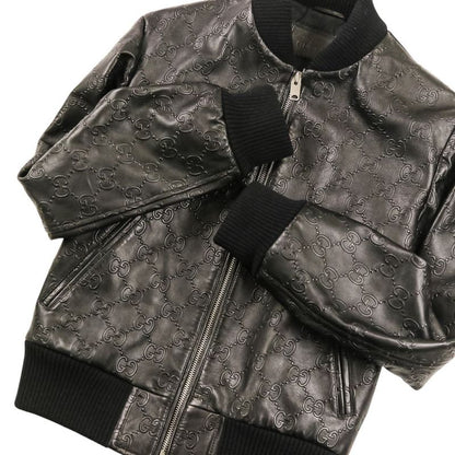 Gucci Michele Era GG Embossed Leather Bomber Jacket 44 Black