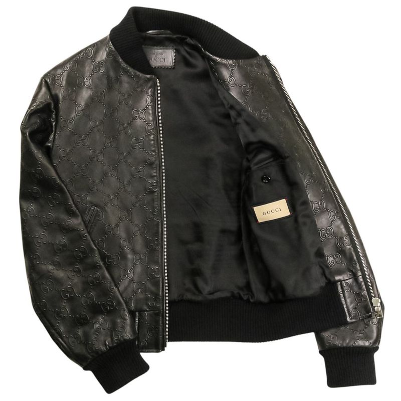 Gucci Michele Era GG Embossed Leather Bomber Jacket 44 Black
