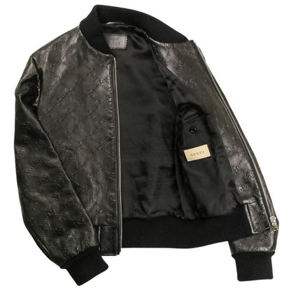 Gucci Michele Era GG Embossed Leather Bomber Jacket 44 Black