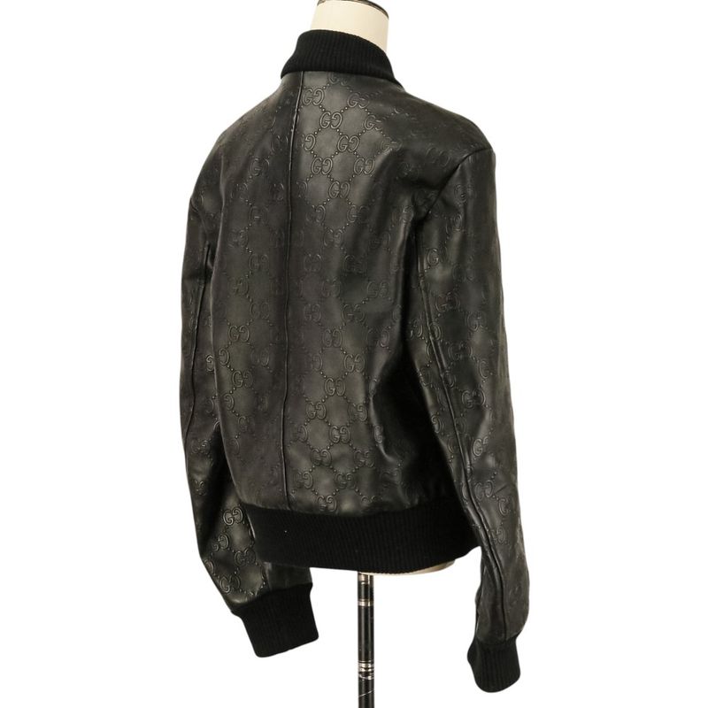 Gucci Michele Era GG Embossed Leather Bomber Jacket 44 Black