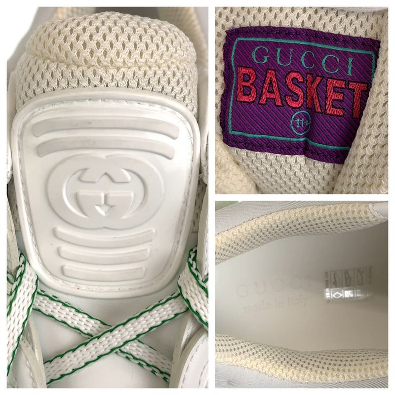 Gucci Basket 11.5 White Green GG Canvas Leather Low Cut Lace Up Sneaker