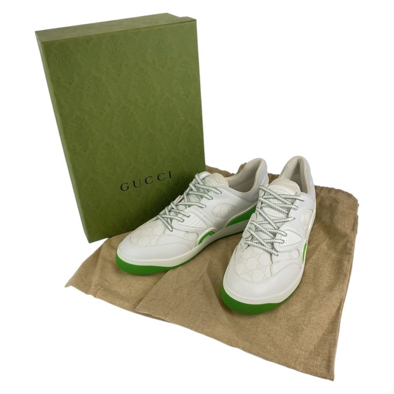 Gucci Basket 11.5 White Green GG Canvas Leather Low Cut Lace Up Sneaker