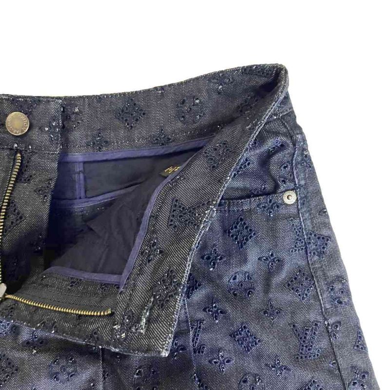 Louis Vuitton Perforated Monogram Skirt Denim Pleated Indigo Blue Aa
