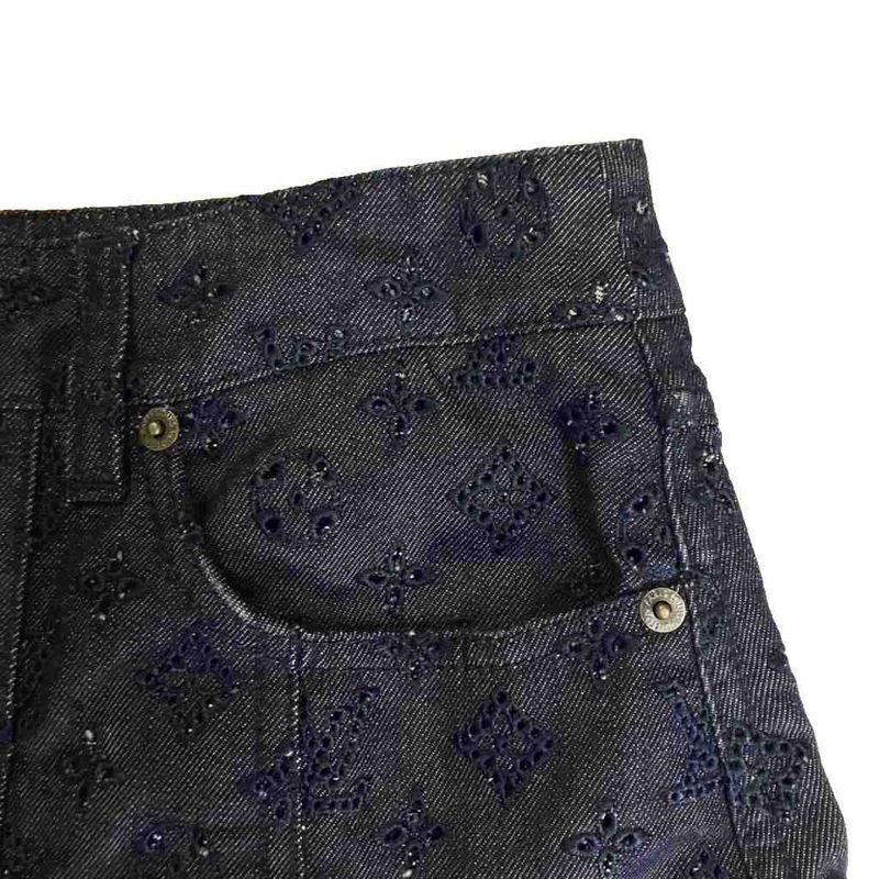 Louis Vuitton Perforated Monogram Skirt Denim Pleated Indigo Blue Aa