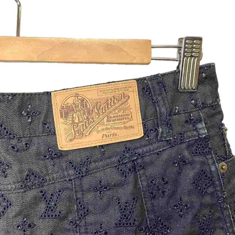 Louis Vuitton Perforated Monogram Skirt Denim Pleated Indigo Blue Aa