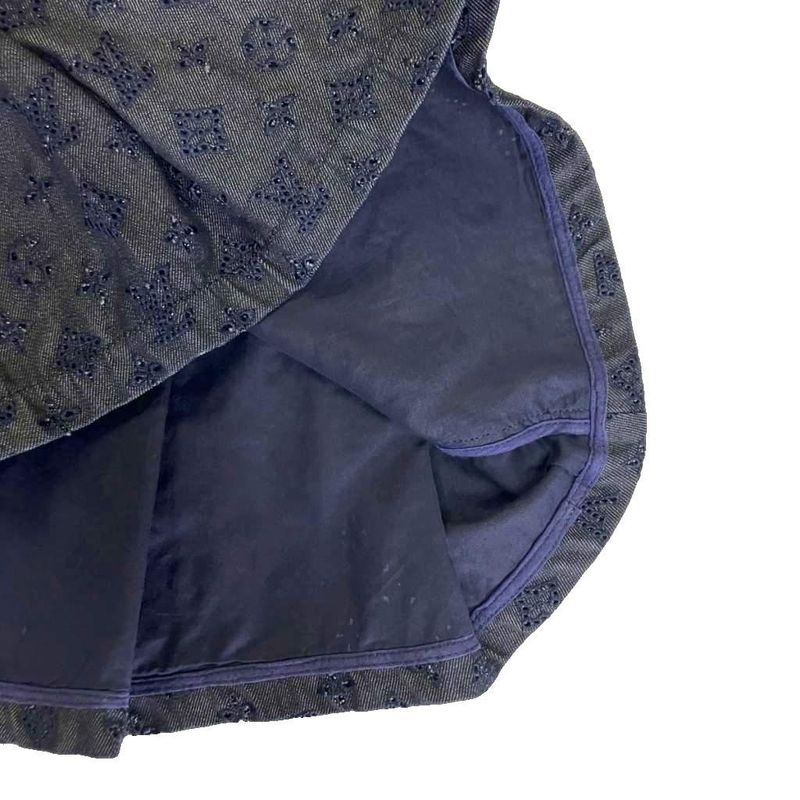 Louis Vuitton Perforated Monogram Skirt Denim Pleated Indigo Blue Aa