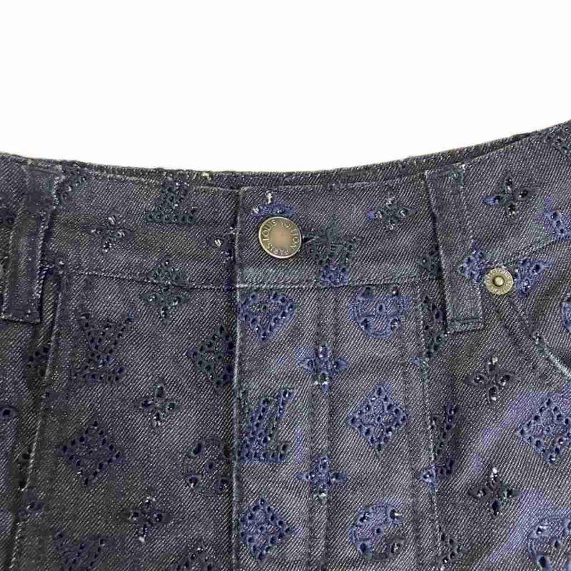 Louis Vuitton Perforated Monogram Skirt Denim Pleated Indigo Blue Aa