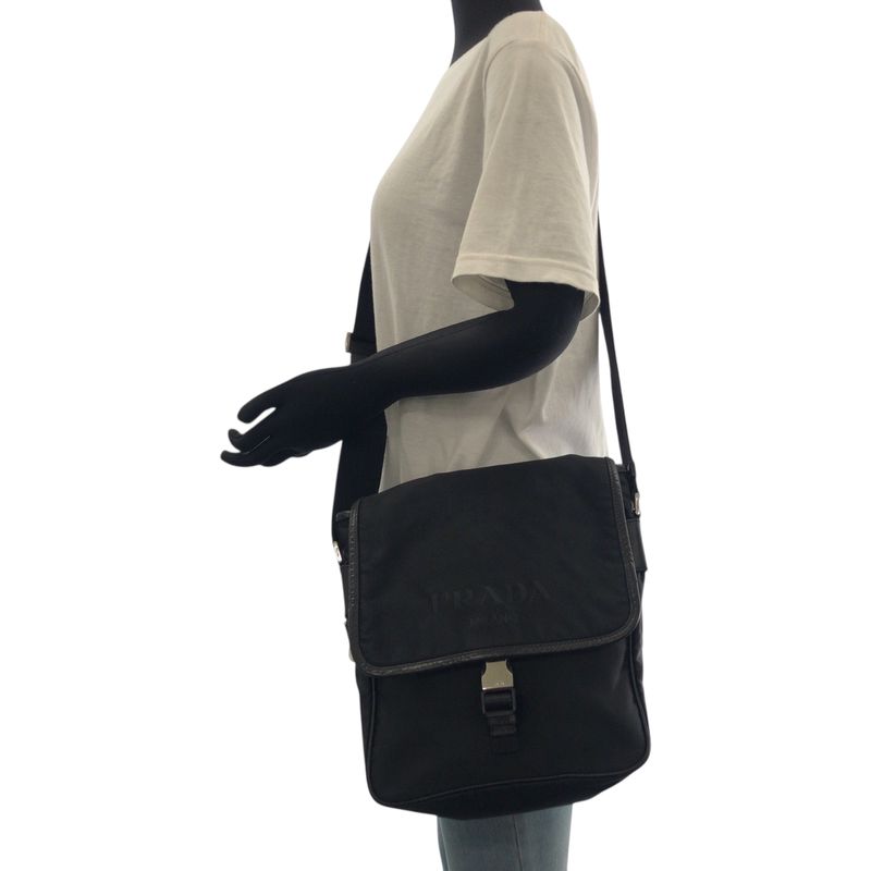 Prada Tessuto Logo Black Silver Nylon Shoulder Bag
