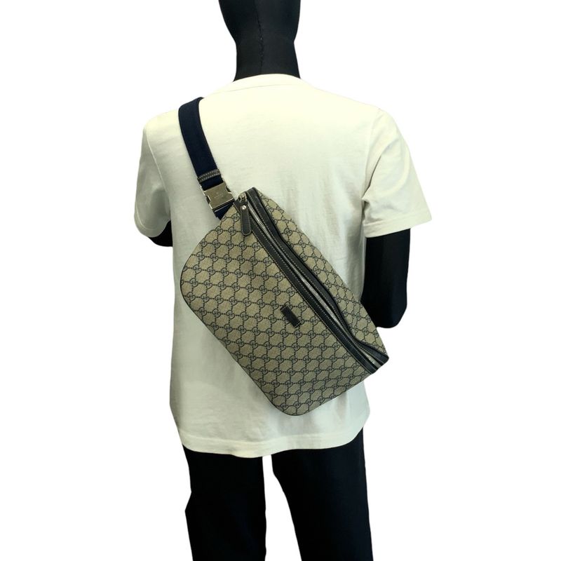 Gucci Beige Navy Silver GG Supreme Canvas Shoulder Bag