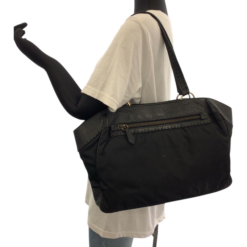 Prada Vitello Daino Tessuto Black Leather Nylon Shoulder Bag