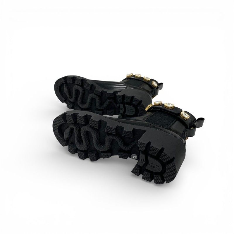 Gucci Short Boots Shoes Leather Black Double Bijoux Belt Side Gore GG Marmont